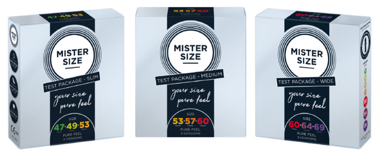 Tre diverse confezioni di preservativi Mister Size