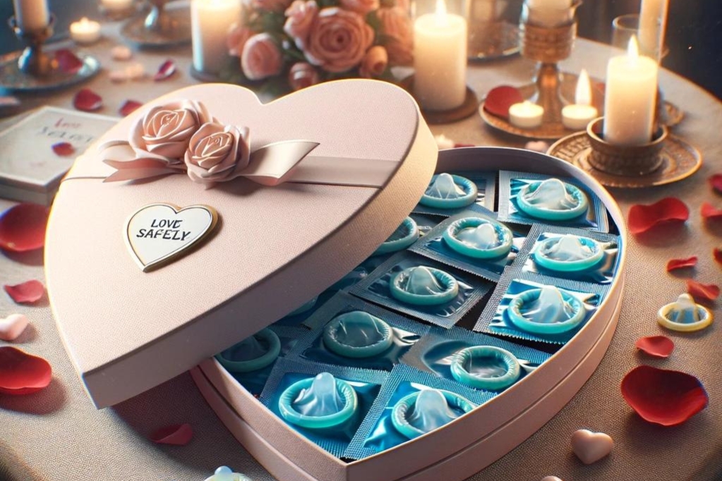 Preservativi in una scatola a forma di cuore per San Valentino