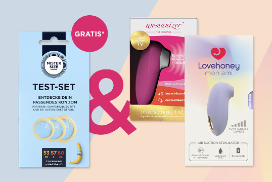 Aktionsbanner Mister Size Test Set bei Müller Gratis zu einem Womanizer oder Lovehoney Produkt erhalten